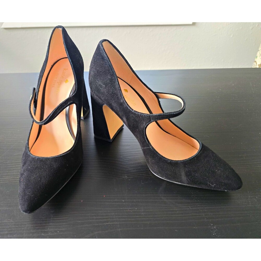 Kate Spade new York Black Suede Mary Jane Pump Pointed Toe Buckle Block Heel 8